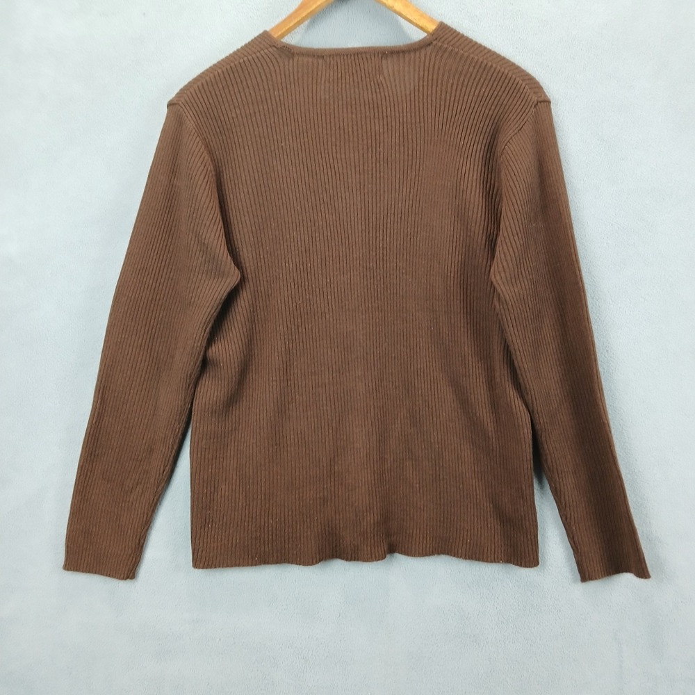 Sag Harbor Cardigan Sweater Womens Medium Petite Brown Acrylic Tight Knit V Neck - Picture 2 of 7